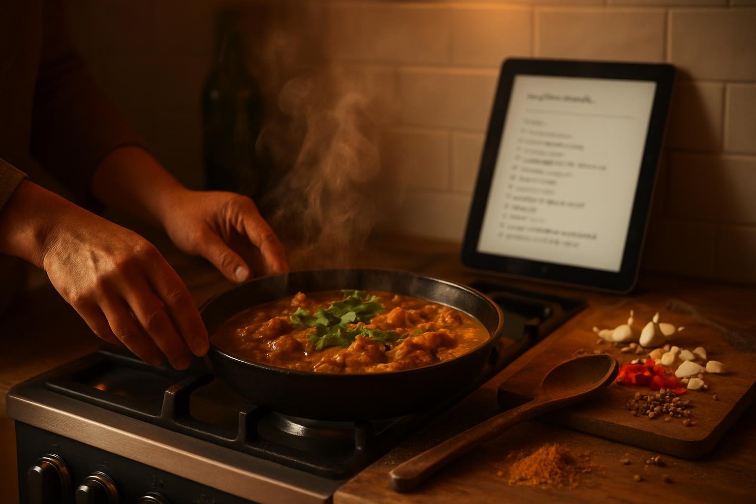 A steaming pan of curry on the stove, with the written-out recipe on a tablet beside it